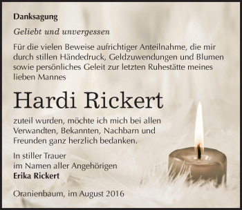Traueranzeige von Hardi Rickert von Mitteldeutsche Zeitung Wittenberg