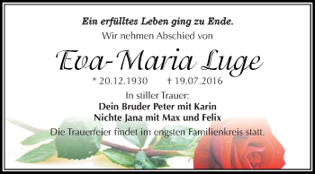 Traueranzeige von Eva-Maria Luge von WVG - Wochenspiegel Dessau / Köthen