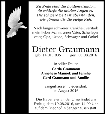 Traueranzeige von Dieter Graumann von Mitteldeutsche Zeitung Sangerhausen