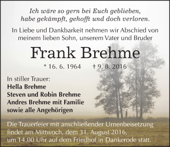Traueranzeige von Frank Brehme von Mitteldeutsche Zeitung Quedlinburg