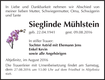 Traueranzeige von Sieglinde Mühlstein von Mitteldeutsche Zeitung Bitterfeld