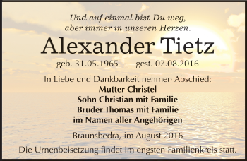 Traueranzeige von Alexander Tietz von Mitteldeutsche Zeitung Merseburg/Querfurt
