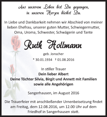 Traueranzeige von Ruth Hollmann von Mitteldeutsche Zeitung Sangerhausen