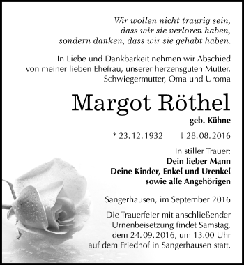 Traueranzeige von Margot Röthel von Mitteldeutsche Zeitung Sangerhausen