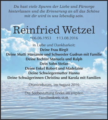 Traueranzeige von Reinfried Wetzel von WVG - Wochenspiegel Wittenberg