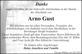 Traueranzeige von Arno Ernst Gust von WVG - Wochenspiegel Dessau / Köthen