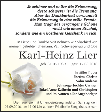 Traueranzeige von Karl-Heinz Lier von Super Sonntag SGH Mansf. Land