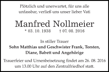 Traueranzeige von Manfred Nollmeier von WVG - Wochenspiegel Dessau / Köthen
