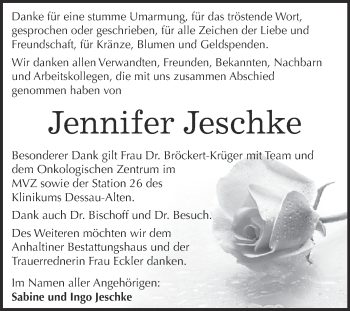 Traueranzeige von Jennifer Jeschke von WVG - Wochenspiegel Dessau / Köthen
