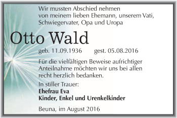 Traueranzeige von Otto Wald von WVG - Wochenspiegel Merseburg