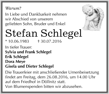 Traueranzeige von Stefan Schlegel von Mitteldeutsche Zeitung Halle/Saalkreis