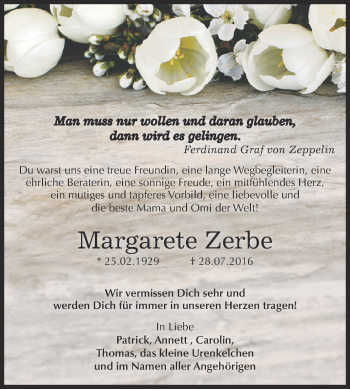 Traueranzeige von Margarete Zerbe von WVG - Wochenspiegel Dessau / Köthen