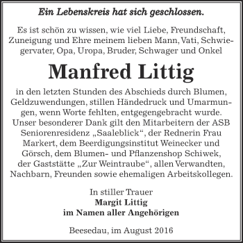 Traueranzeige von Manfred Littig von Super Sonntag Bernburg