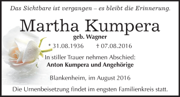 Traueranzeige von Martha Kumpera von Mitteldeutsche Zeitung Sangerhausen