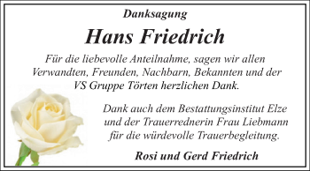 Traueranzeige von Hans Friedrich von WVG - Wochenspiegel Dessau / Köthen