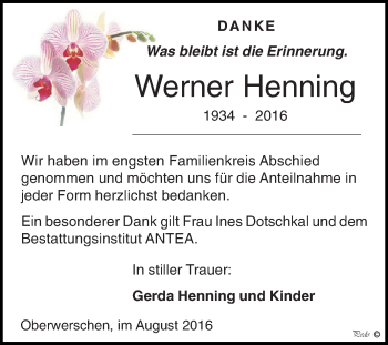 Traueranzeige von Werner Henning von WVG - Wochenspiegel NMB / WSF / ZTZ