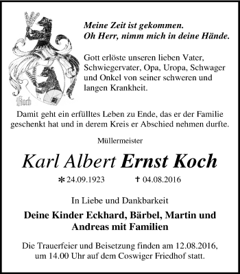 Traueranzeige von Karl Albert Ernst Koch von Mitteldeutsche Zeitung Wittenberg