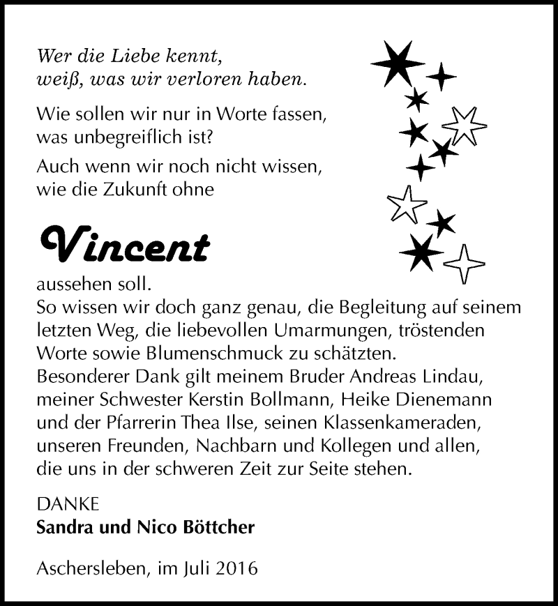  Traueranzeige für Vincent-Maurice Böttcher vom 01.08.2016 aus Mitteldeutsche Zeitung Aschersleben