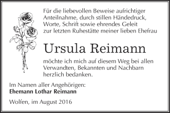 Traueranzeige von Ursula Reimann von WVG - Wochenspiegel Bitterfeld