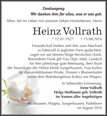 Traueranzeige von Heinz Vollrath von Mitteldeutsche Zeitung Sangerhausen