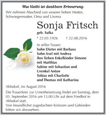 Traueranzeige von Sonja Fritsch von Mitteldeutsche Zeitung Mansfelder Land