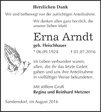 Traueranzeige von Erna Arndt von WVG - Wochenspiegel Bitterfeld