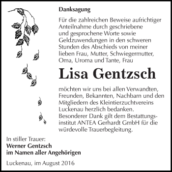 Traueranzeige von Lisa Gentzsch von Super Sonntag Zeitz