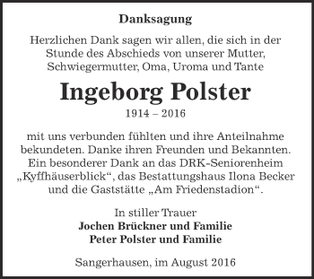 Traueranzeige von Ingeborg Polster von Super Sonntag SGH Mansf. Land