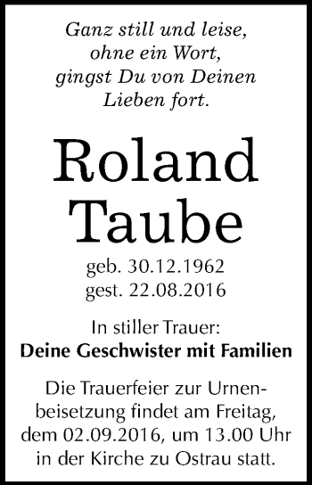 Traueranzeige von Roland Taube von Mitteldeutsche Zeitung Halle/Saalkreis