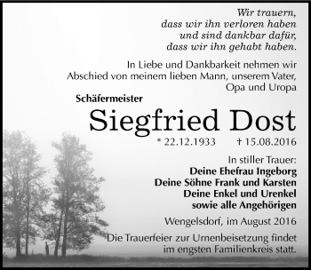Traueranzeige von Siegfried Dost von Mitteldeutsche Zeitung Weißenfels
