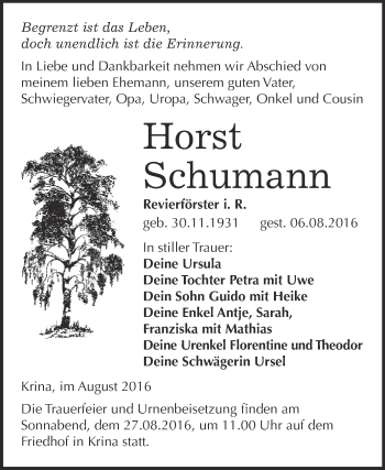 Traueranzeige von Horst Schumann von WVG - Wochenspiegel Wittenberg