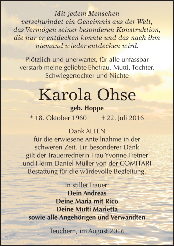Traueranzeige von Karola Ohse von Mitteldeutsche Zeitung Weißenfels