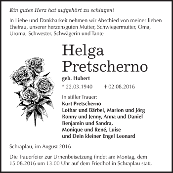 Traueranzeige von Helga Pretscherno von WVG - Wochenspiegel Merseburg