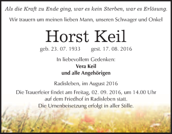 Traueranzeige von Horst Keil von WVG - Wochenspiegel Quedlinburg