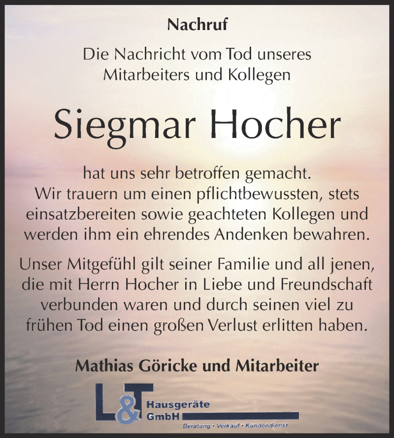  Traueranzeige für Siegmar Hocher vom 10.08.2016 aus WVG - Wochenspiegel NMB / WSF / ZTZ