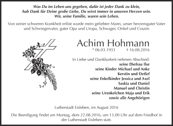 Traueranzeige von Achim Hohmann von Super Sonntag SGH Mansf. Land