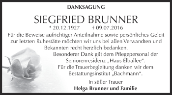 Traueranzeige von Siegfried Brunner von WVG - Wochenspiegel Dessau / Köthen