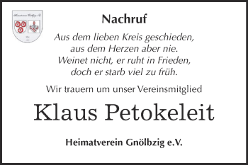 Traueranzeige von Klaus Petokeleit von Super Sonntag Bernburg