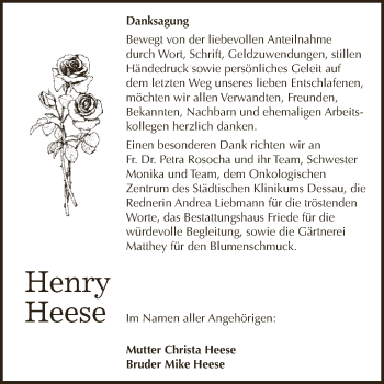 Traueranzeige von Henry Heese von WVG - Wochenspiegel Dessau / Köthen
