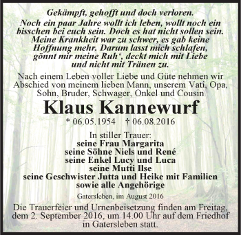 Traueranzeige von Klaus Kannewurf von Mitteldeutsche Zeitung Aschersleben