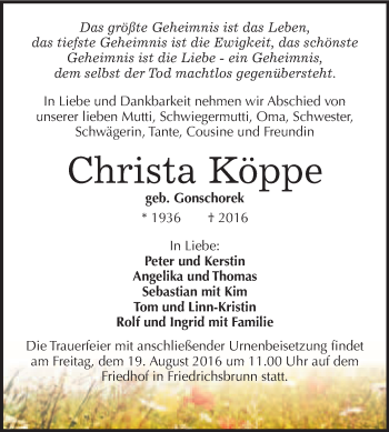 Traueranzeige von Christa Köppe von WVG - Wochenspiegel Quedlinburg