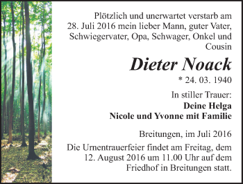 Traueranzeige von Dieter Noack von Mitteldeutsche Zeitung Sangerhausen