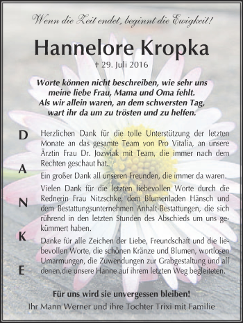 Traueranzeige von Hannelore Kropka von WVG - Wochenspiegel Bitterfeld