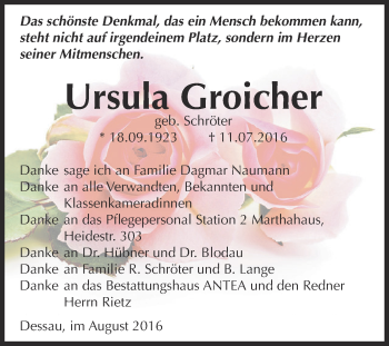 Traueranzeige von Ursula Groicher von WVG - Wochenspiegel Dessau / Köthen