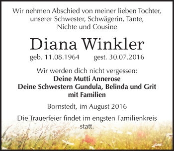 Traueranzeige von Diana Winkler von Mitteldeutsche Zeitung Mansfelder Land