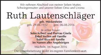 Traueranzeige von Ruth Lautenschläger von Mitteldeutsche Zeitung Merseburg/Querfurt