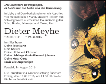 Traueranzeige von Dieter Meyhe von Mitteldeutsche Zeitung Weißenfels