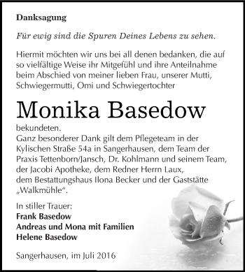 Traueranzeige von Monika Basedow von Super Sonntag SGH Mansf. Land