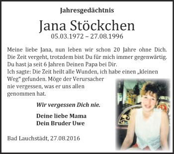 Traueranzeige von Jana Stöckchen von Super Sonntag Merseburg