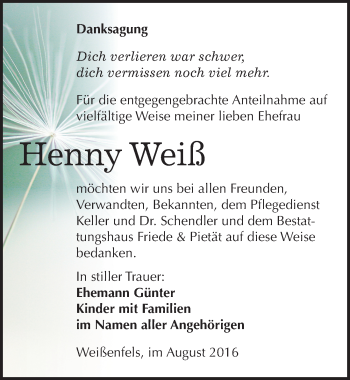 Traueranzeige von Henny Weiß von Mitteldeutsche Zeitung Weißenfels